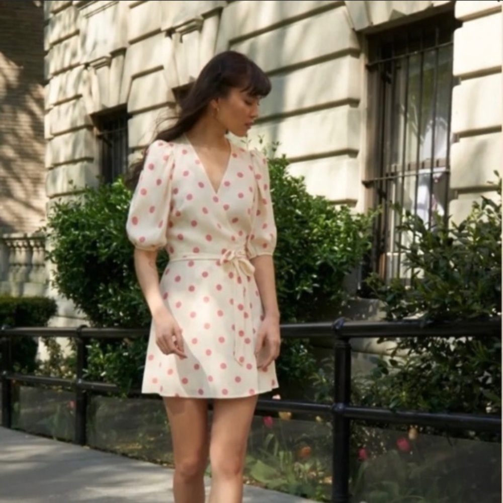 REFORMATION Olince Polka-dot Crepe Mini Wrap Dress